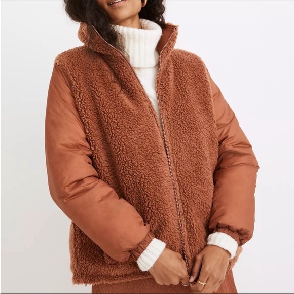 Madewell warm umber Reversible Sherpa Puffer full zip jacket NC574 Size XXS - Picture 10 of 15